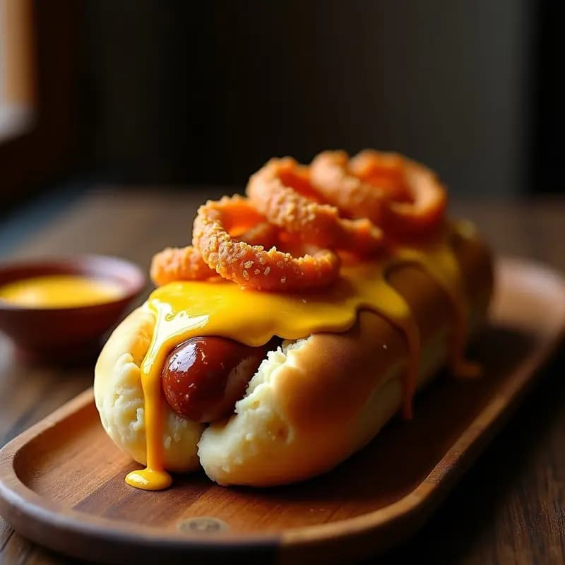 Perrito Caliente Gigante con Puré de Patatas, Queso Fundido y Cebolla Crujiente: Receta para Fiestas