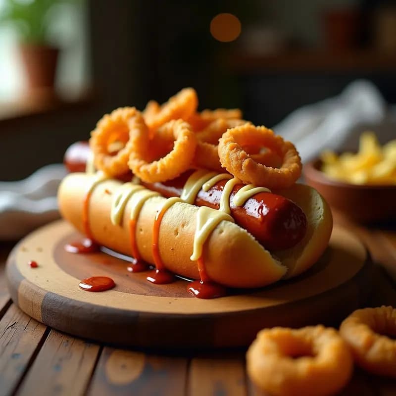 Perrito Caliente Gigante con Salchicha Vienna Bañado en Queso Azul y Crujiente de Cebolla: el Hot Dog Definitivo