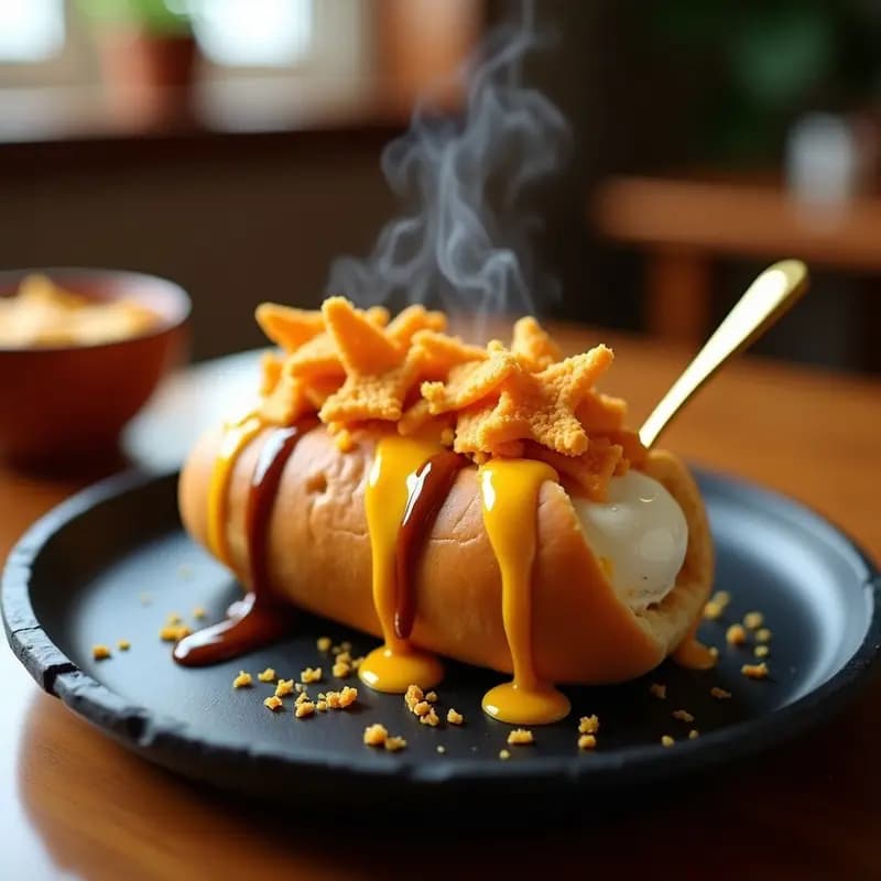 Perrito Caliente de Helado con Queso Cheddar Fundido y Doritos Triturados: Snack Americano Ultra Caliente