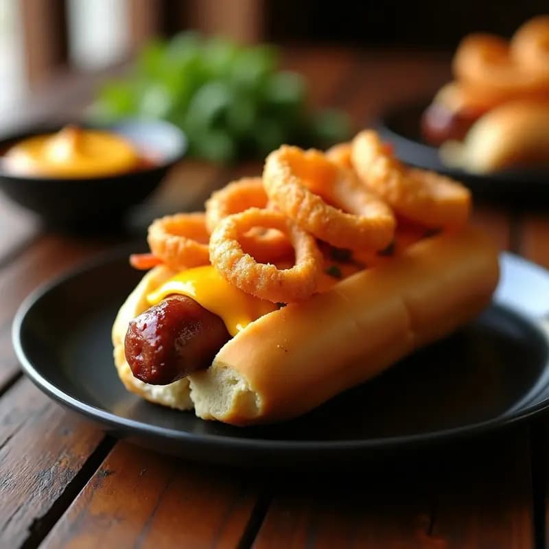 Perrito Caliente de Salchicha Ahumada con Queso Cheddar y Crujiente de Cebolla Frita: Receta Tex-Mex Extrema