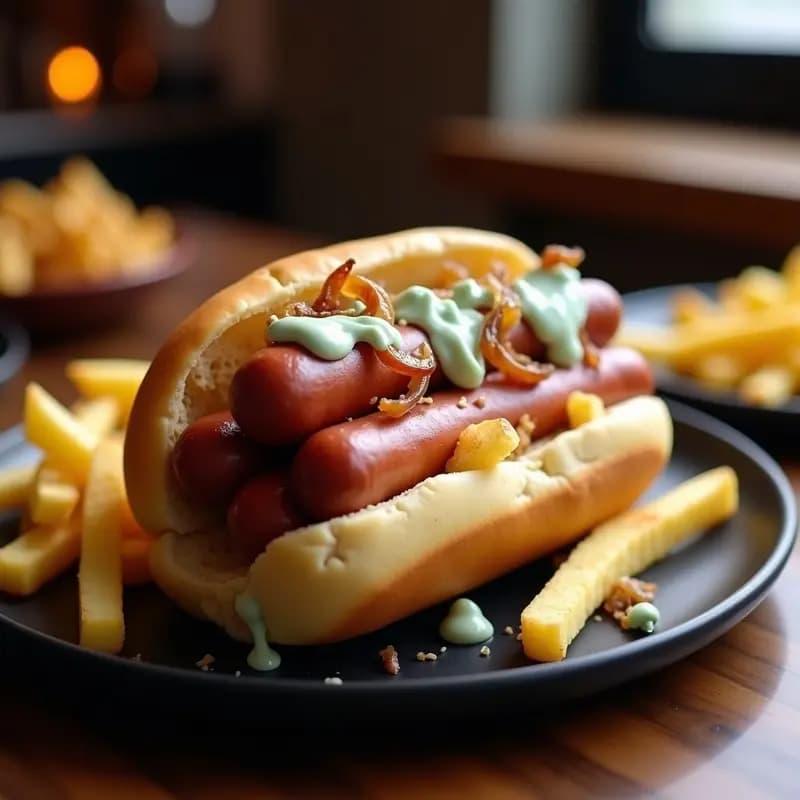 Perrito Caliente Triple con Patatas Fritas Inside y Salsa de Queso Azul: El Atraco Definitivo