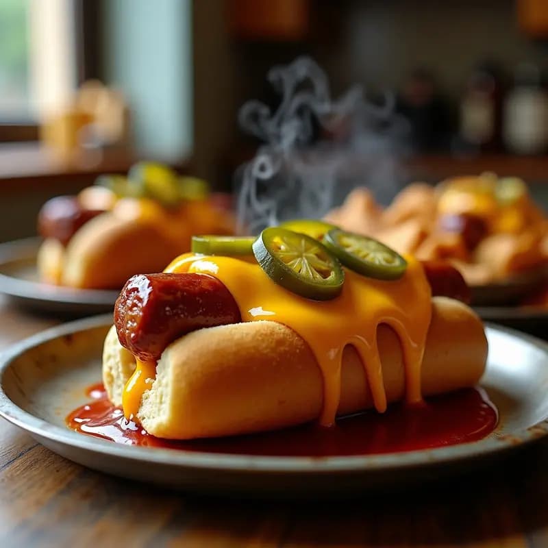 Perrito Caliente Volcán con Queso Cheddar Líquido y Jalapeños: Explosión de Sabores