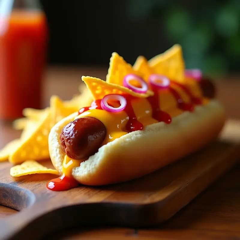Perrito Caliente Volcán: Salchicha Envolvida en Queso Fundido y Nachos con Salsa Picante