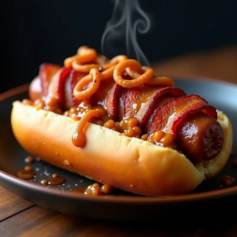 Perrito Caliente con Salchicha Wagyu, Queso Azul y Crujiente de Bacon: El Bocado Más Irresistible