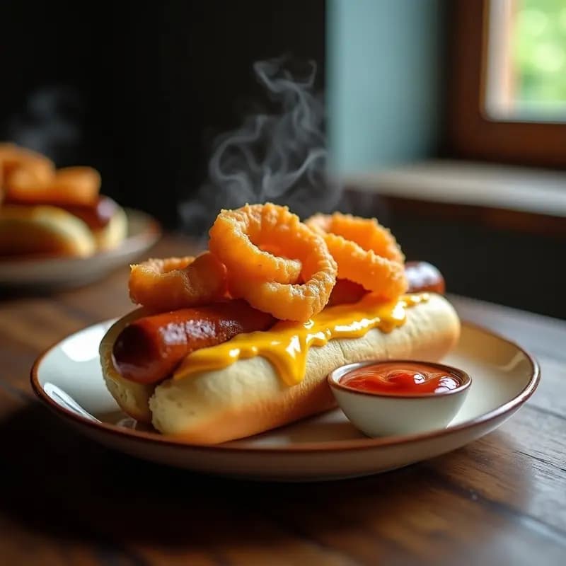 Perrito Caliente con Salchicha de 3 Carnes, Queso Azul, Cebolla Frita y Salsa Sriracha: Receta Extrema de Comida Callejera