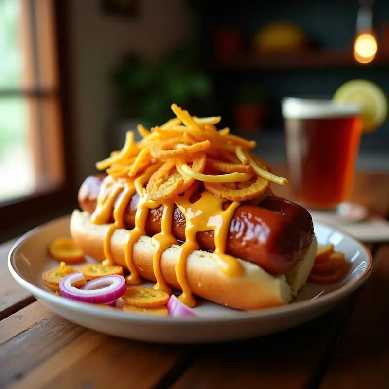 Perrito Caliente Gigante con Queso Derretido y Tostones: El Snack Definitivo para Compartir