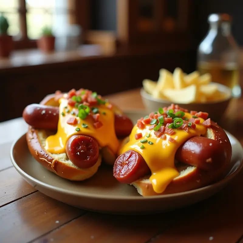 Perrito Caliente de Pretzel con Salsa de Queso Cheddar y Chorizo Picante: Snack de Feria en Casa