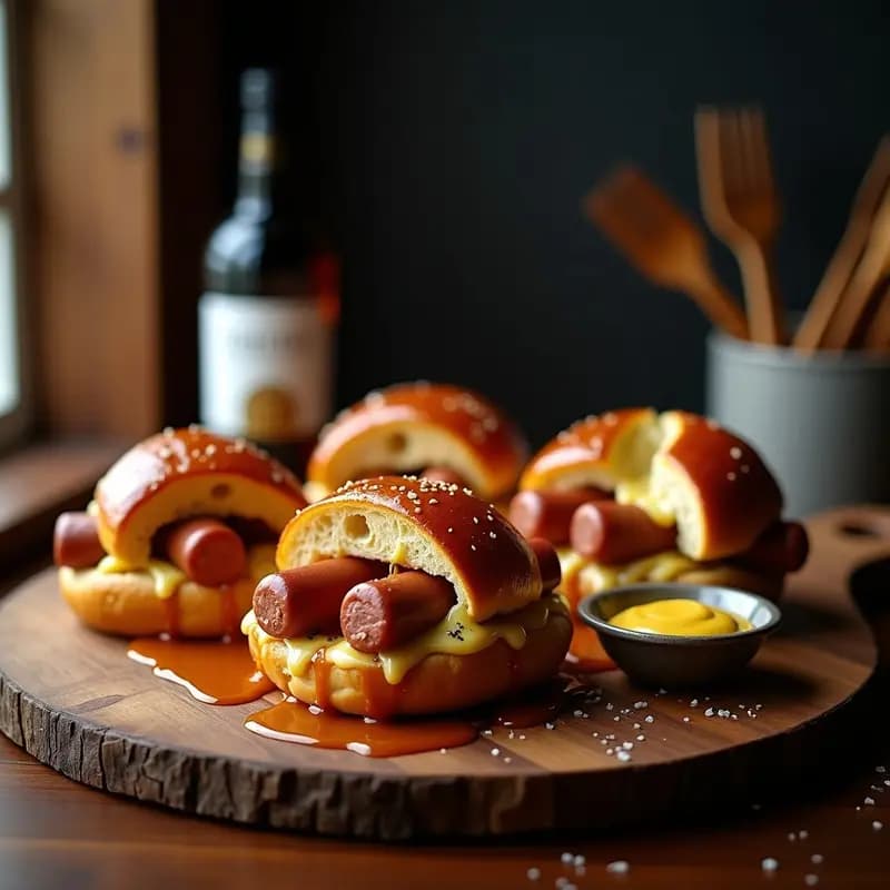 Perritos Calientes con Pan de Pretzel Relleno de Queso Azul y Caramelo Salado: Cheat-Meal Alemán