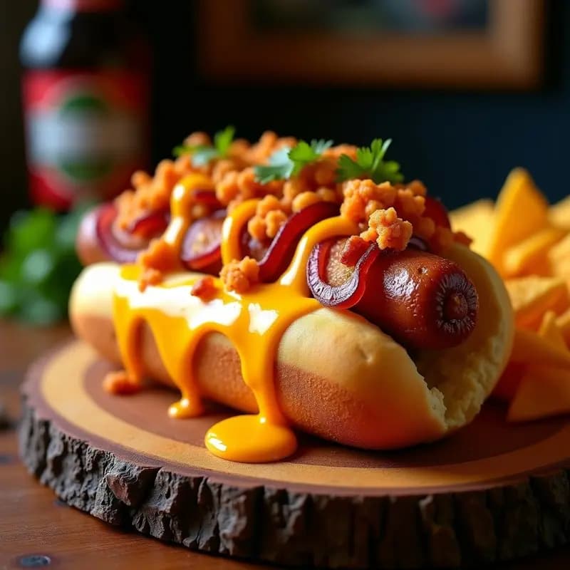 Perro Caliente Extreme con Bacon, Queso Lava y Doritos Triturados: El Snack Definitivo para Ver el Fútbol