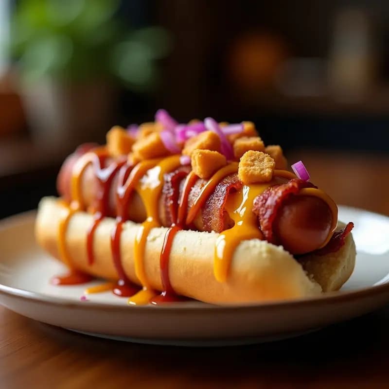Perro Caliente Envuelto en Bacon y Queso Frito con Toppings de BBQ y Mostaza de Miel