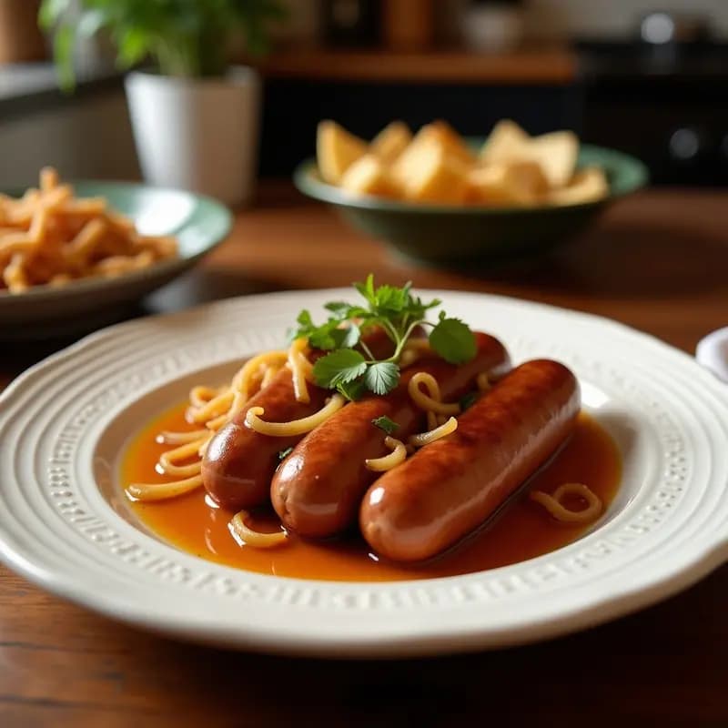 Perro Caliente de Salchicha Bratwurst con Cebolla Caramelizada y Mostaza de Miel: Snack Alemán Hipercalórico
