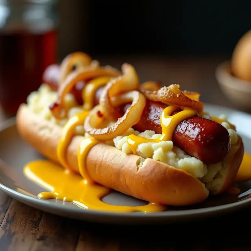Perro Caliente de Salchicha Bratwurst con Puré de Patatas Trufado y Queso Cheddar Fundido: Snack Alemán Ultraindulgente
