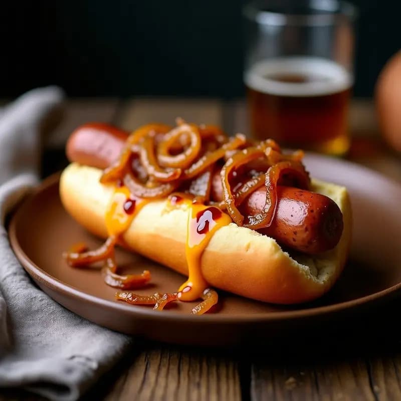 Perro Caliente con Pan de Brioche, Salchicha Bratwurst y Cebolla Caramelizada: Receta Alemana para el Alma
