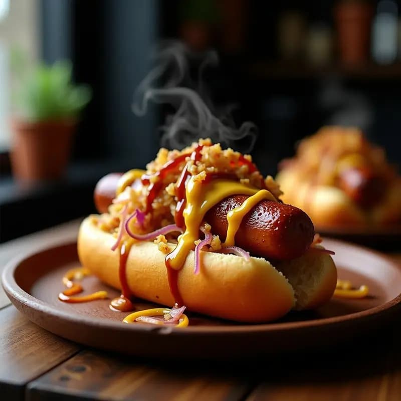 Perro Caliente con Pan de Brioche, Salchicha Bratwurst y Toppings de Sauerkraut y Mostaza de Dijon