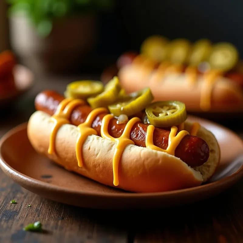 Perros Calientes estilo Chicago con Salchicha Vienna, Queso Cheddar y Mostaza de Miel