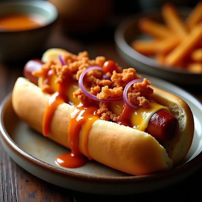Perro Caliente con Chicharrones Crocantes, Queso Fundido y Salsa BBQ Picante: Receta que Derrite el Corazón