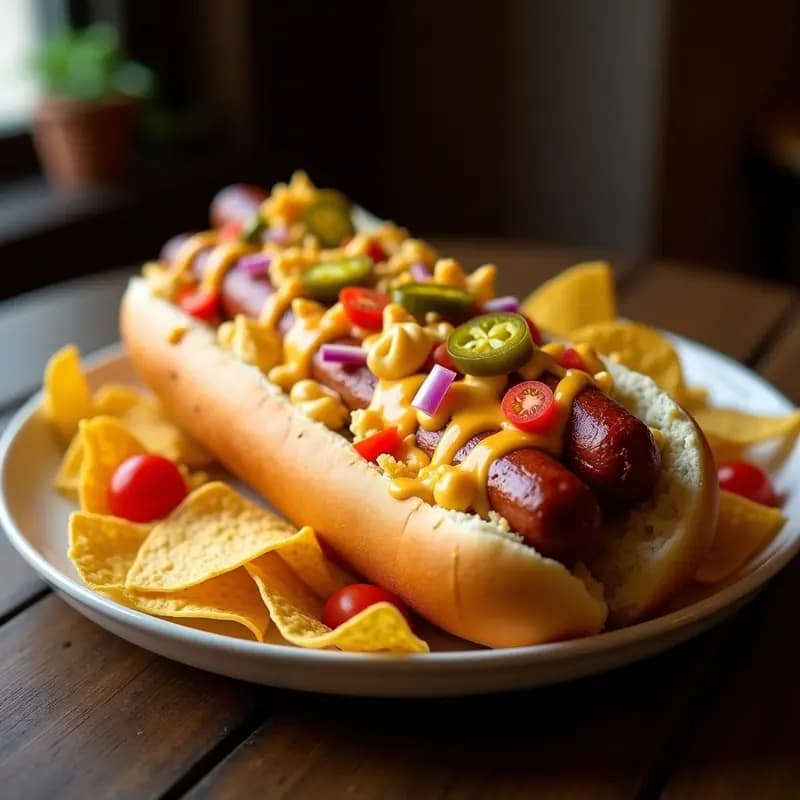 Perro Caliente Gigante con Chips de Queso y Salsa de Nachos: El Snack Definitivo para Ver Partidos