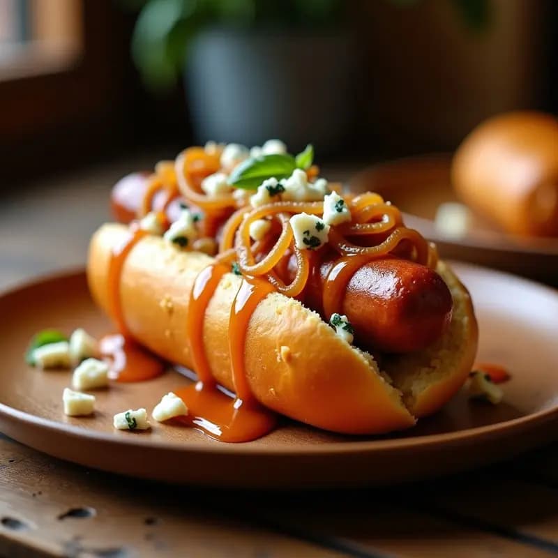 Perro Caliente con Chistorra, Queso Azul y Caramelo Salado: Receta Española de Fusión Dulce-Salada