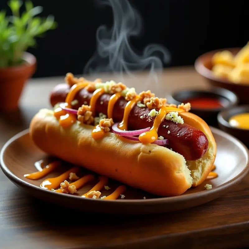 Perro Caliente con Chorizo, Queso Azul y Miel Picante: Combinación Audaz y Adictiva