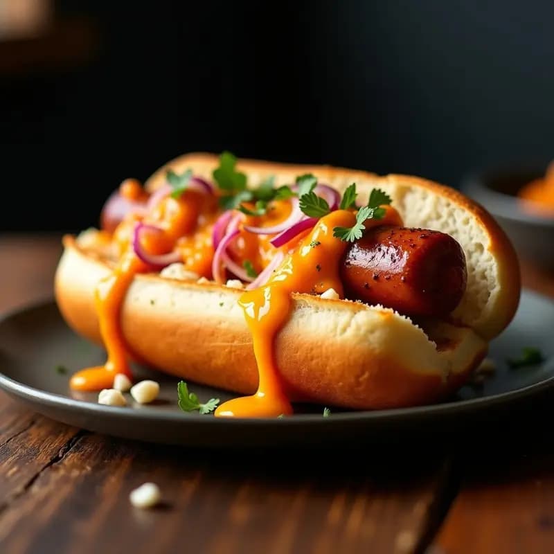 Perro Caliente con Chucrut de Kimchi y Queso Cheddar Derretido: Fusión Coreano-Americana en un Bocado