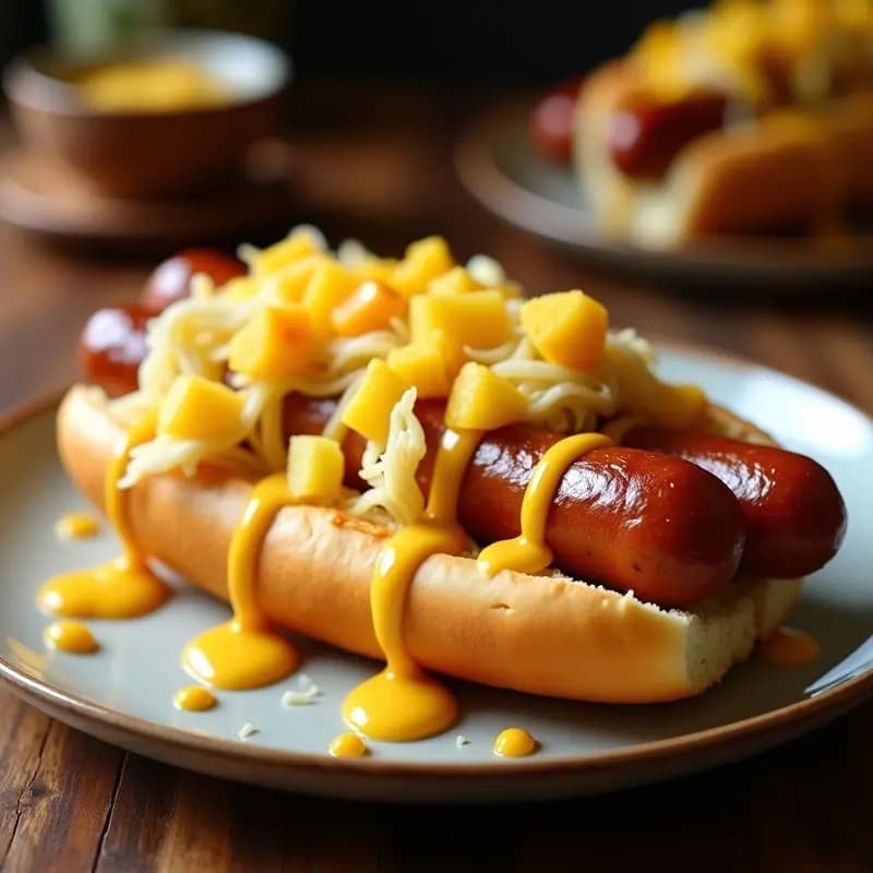 Perro Caliente con Chucrut de Piña y Salsa de Queso Cheddar Liquidado: Receta Alemana con Toque Tropical