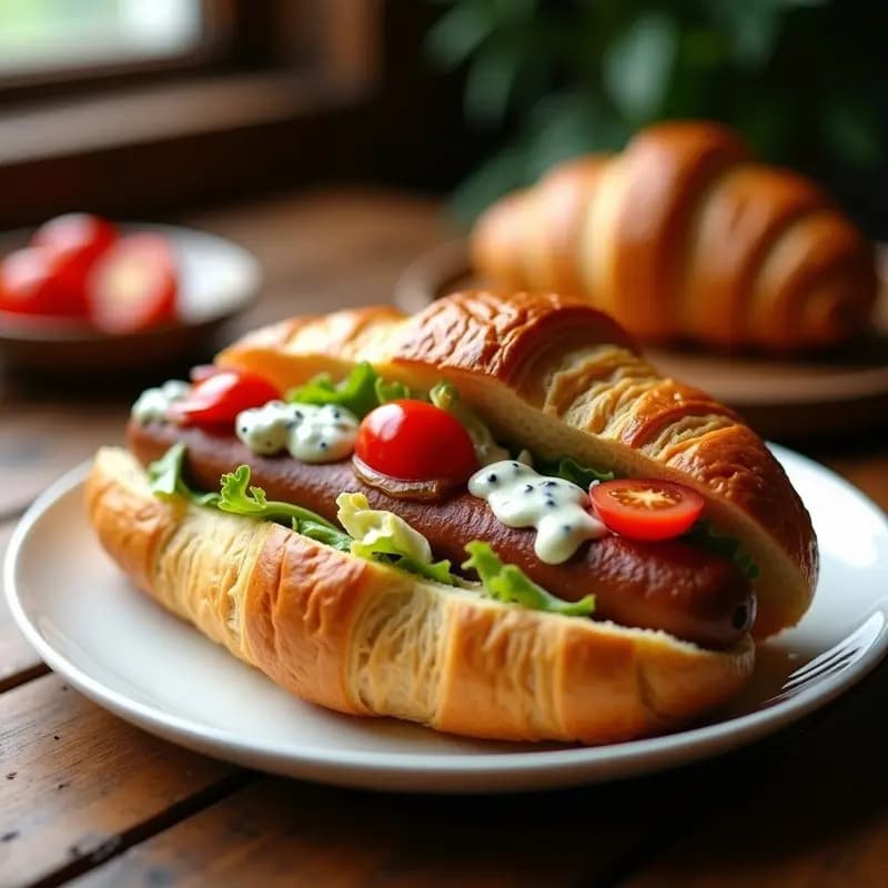 Perro Caliente de Croissant con Salchicha Ahumada y Salsa de Queso Azul: Comida Basura Gourmet en 20 Minutos