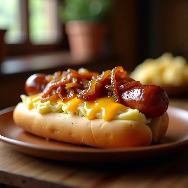 Perro Caliente de Salchicha de Frankfurt con Puré de Patata, Queso Gratinado y Cebolla Caramelizada