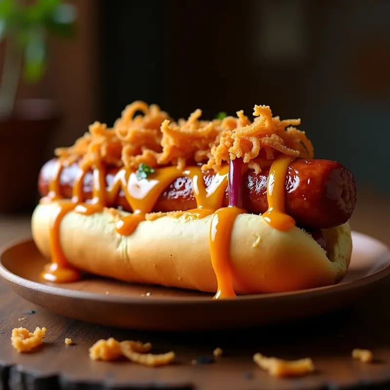 Perro caliente Gigante con Chicharrón Crujiente, Queso Derretido y Salsa BBQ de Miel: Receta para un Festín Callejero