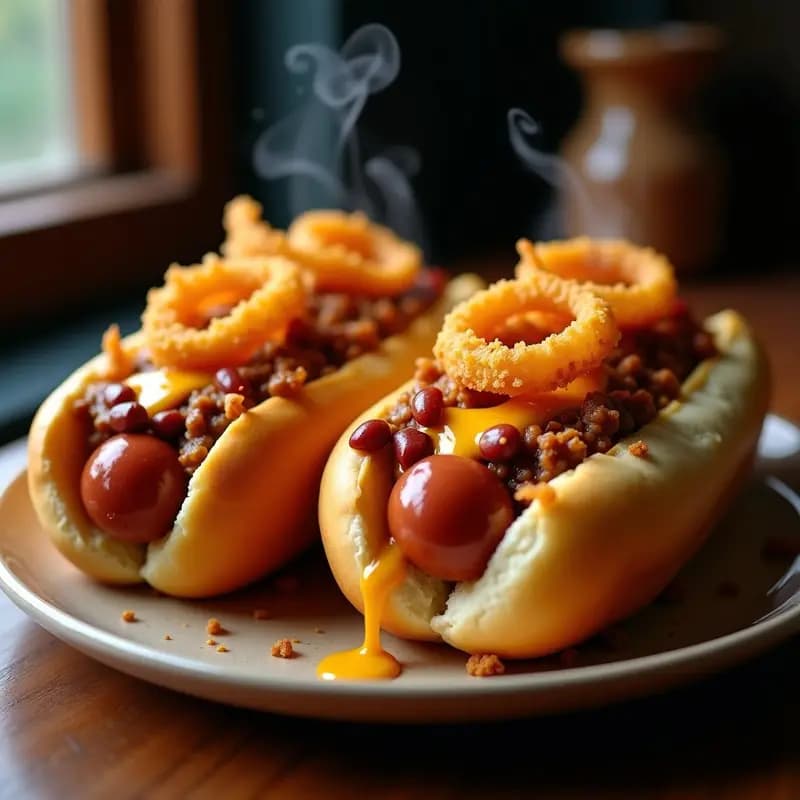 Perro Caliente Gigante con Chilli, Queso Líquido y Aros de Cebolla Crujientes: Receta de Feria en Casa