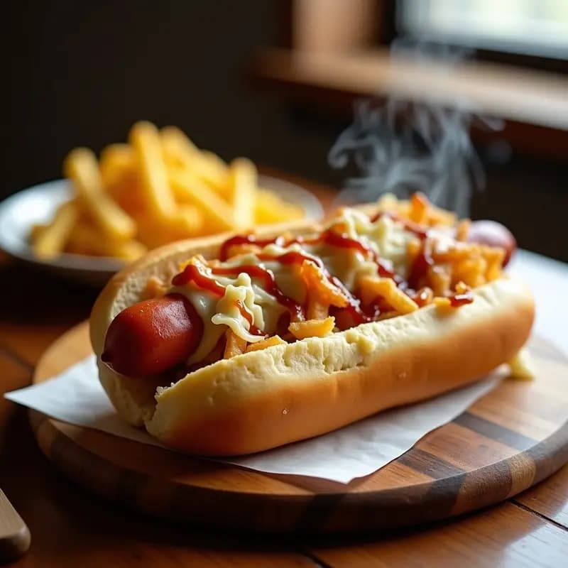 Perro Caliente Gigante con Chucrut Frito y Queso Azul Derretido: Receta Alemán-Estilo Comfort Food