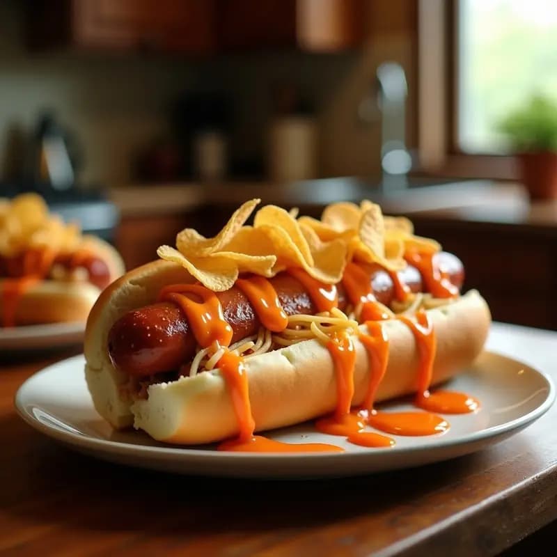 Perro Caliente Gigante con Chucrut, Queso Cheddar y Salsa Sriracha: Receta de Comida Rápida Extremadamente Sabrosa