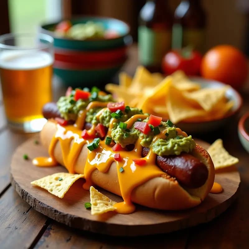 Perro Caliente Gigante con Nachos, Queso Líquido y Guacamole: Receta de Comida Basura para Fiesta