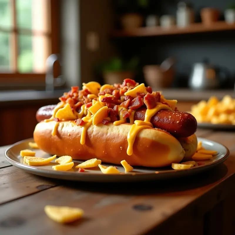 Perro Caliente Gigante con Pan de Pretzel y Toppings de Nachos con Queso: Receta de Hot Dog Ultimo Nivel