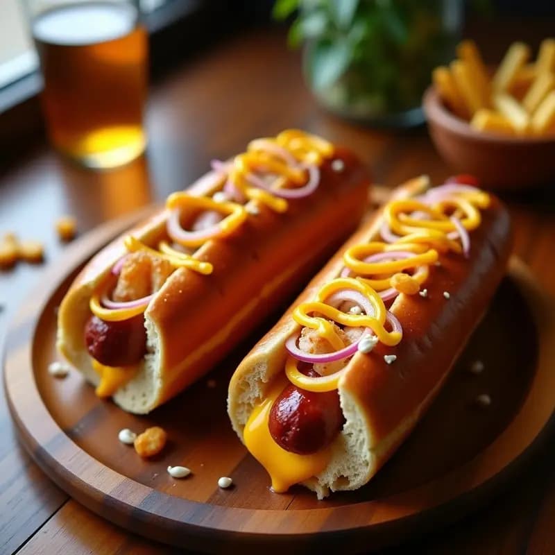 Perro Caliente Gigante con Pan de Pretzel, Queso Fundido y Patatas Fritas Inside: El bocado más locura