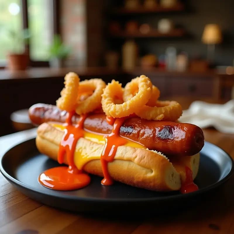 Perro Caliente Gigante con Queso Fundido Chedstrijd, Cebolla Crujiente y Salsa Sriracha-Mayo: El Bocado Prohibido