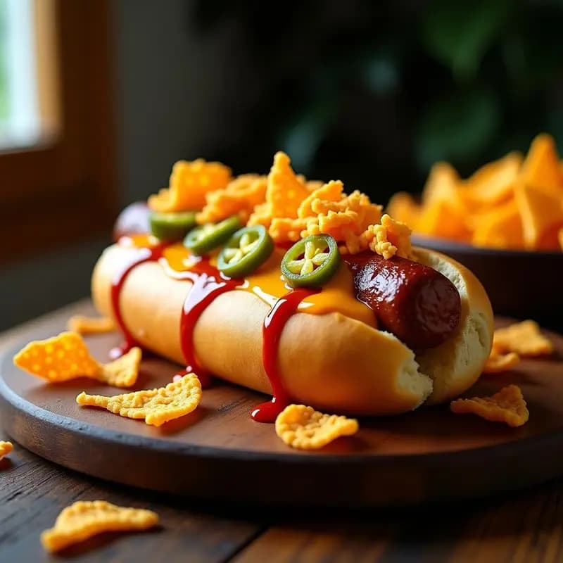 Perro Caliente Gigante con Queso Fundido, Jalapeños y Doritos Triturados: Snack de Feria en Casa
