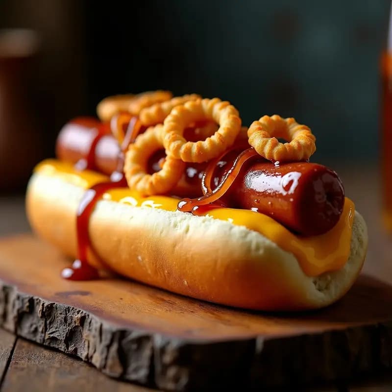 Perro Caliente Gigante con Pure de Queso Cheddar, Totis y Salsa BBQ de Miel y Whisky