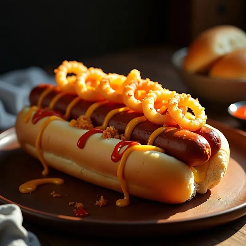 Perro Caliente Gigante con Salchichas de Frankfurt, Queso Fundido y Crujientes de Cebolla: Hot Dog Alemán Extremo