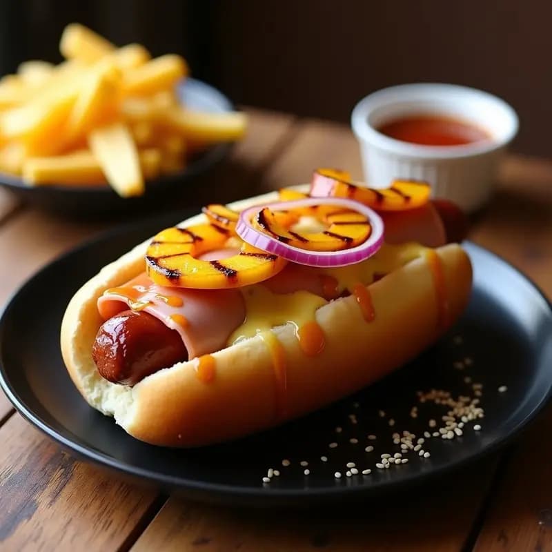 Perro Caliente Hawaiano: Salchicha con Piña Asada, Jamón, Queso y Salsa Teriyaki