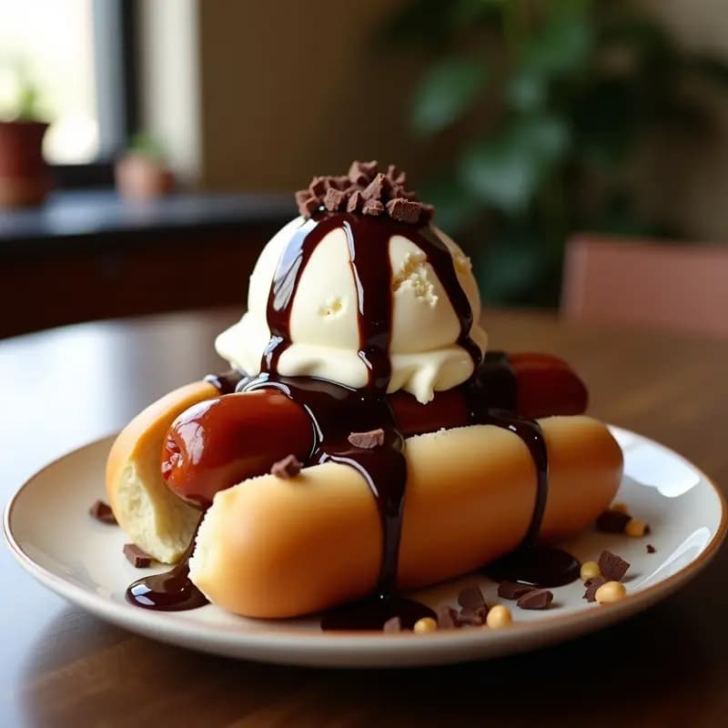 Perro Caliente con Helado de Vainilla y Sirope de Chocolate: Postre Salado-Dulce Único