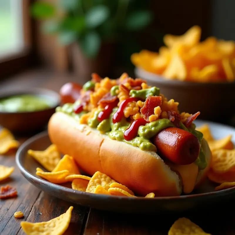 Perro Caliente.Loaded con Nachos, Guacamole y Queso Fundido: Snack Ultraindulgente