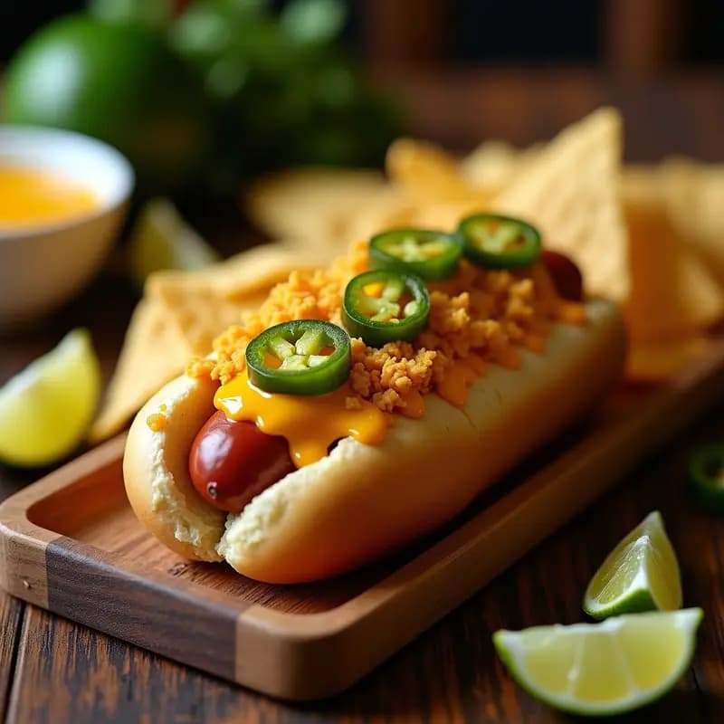 Perro Caliente Loaded con Queso Nacho, Jalapeños y Totopos: Receta Mexicana Explosiva de Sabores