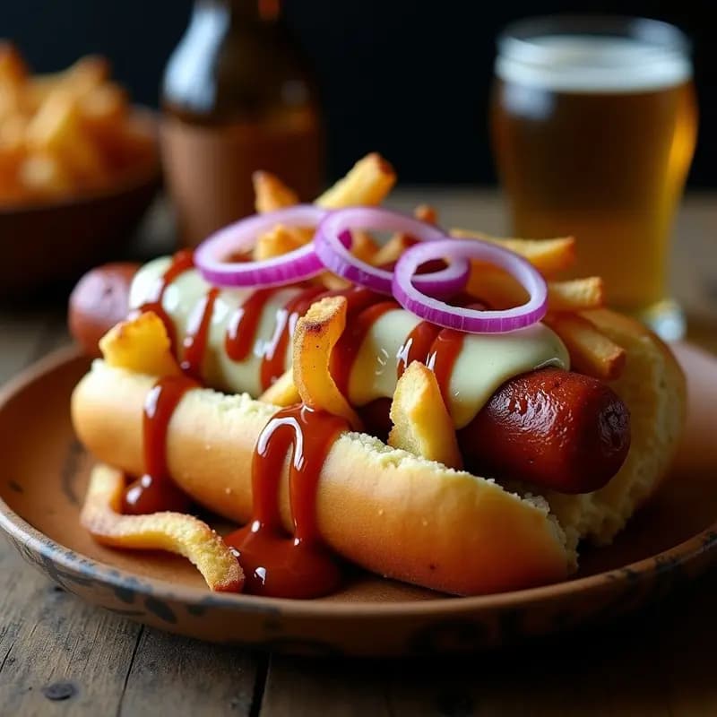 Perro Caliente Gigante con Mashed Potatoes Crujientes y Salsa de Queso Azul: Cheat-Meal Definitivo