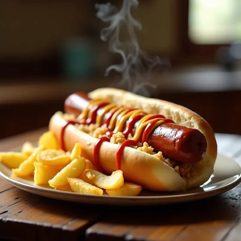 Perro Caliente Monster con Chips de Patata Trituradas y Queso Fundido a la Lámpara