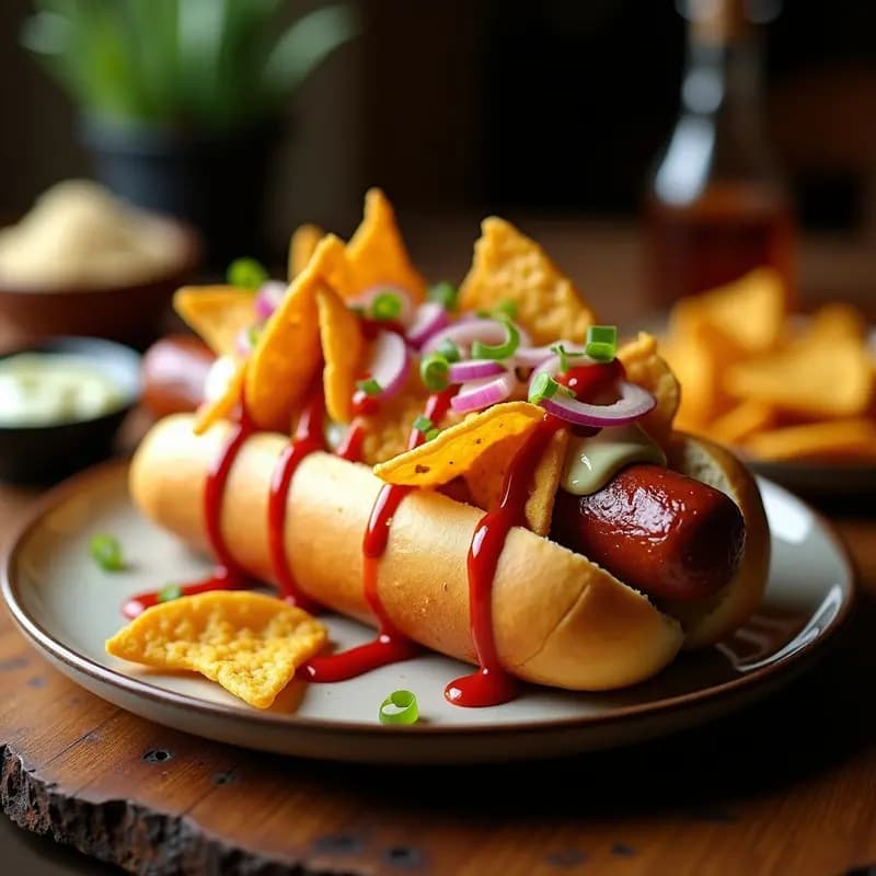 Perro Caliente Gigante con Nachos Fundidos y Salsa de Queso Azul: Receta de Comida Rápida Decadente