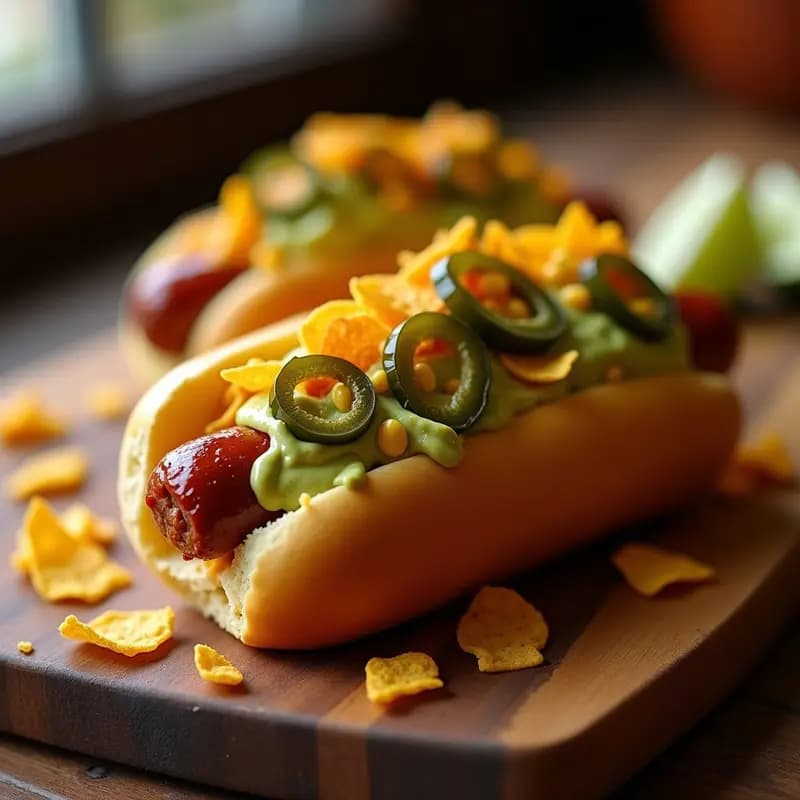 Perro Caliente Relleno de Nachos y Guacamole: Explosión Mexicana en un Bocado