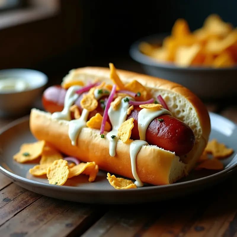 Perro Caliente con Nachos Triturados y Salsa de Queso Azul: Cheat Meal Extremo