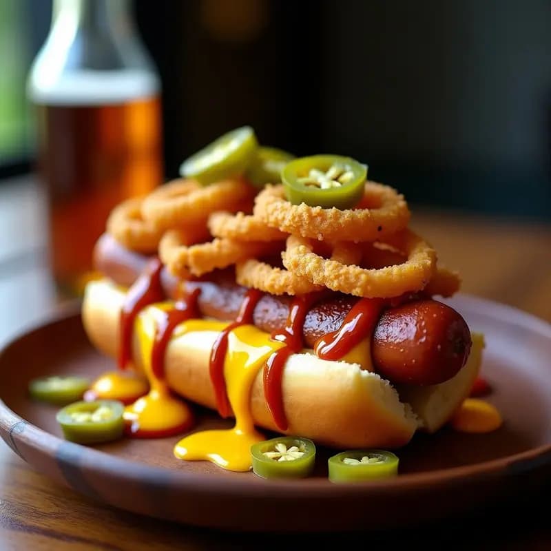 Perro Caliente Nuclear: Salchicha Gigante con Queso Fundido, Tostadas de Cebolla y Jalapeños