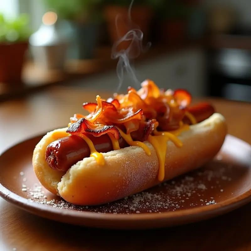 Perro Caliente con Pan de Churro, Salchicha Vienna y Toppings de Queso, Bacon y Cebolla Caramelizada: Fusión de Sabores Dulce-Salado
