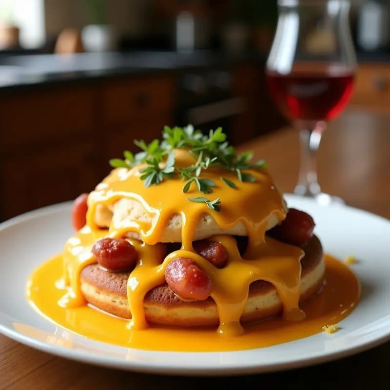 Perro Caliente colosal con Pan de Donut, Queso Cheddar y Salsa de Mac & Cheese